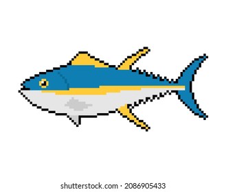 Tuna pixel art. pixelated tunny Seafood fish. 8 bit vector illustration