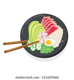 Tuna poke bowl illustration Hawaiian cuisine. Vector stock illustration isolated on white background for menu fast food restaurant with healthy, bio, organic meals. EPS10