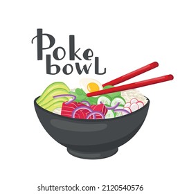 Tuna poke bowl illustration Hawaiian cuisine with handwritten lettering. Vector stock illustration isolated on white background for menu fast food restaurant with healthy, bio, organic meals. EPS10
