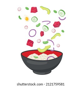 Tuna poke bowl illustration Hawaiian cuisine. Vector stock illustration isolated on white background for menu fast food restaurant with healthy, bio, organic meals. EPS10