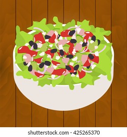Tuna salad  in a bowl on wood background. Vector illustration for healthy food, vegetables, cuisine, fish dish