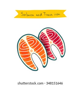 Tuna and salmon. Color vector icons on white background, painted by hand.
