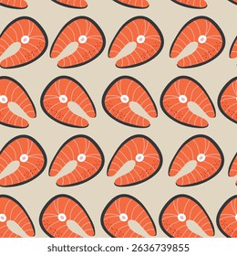 Tuna salmon red fish stake seamless pattern background for packaging and decoration. Eco healthy food concept.