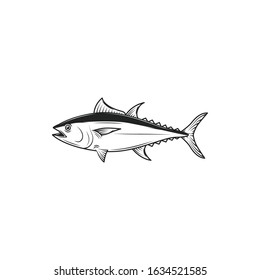 Tuna Saltwater Fish Isolated Monochrome Icon. Vector Tunny, Tribe Thunnini, Scombridae Mackerel Family. Atlantic Or Pacific Bluefin Tuna, Blackfin Longtail Yellowfin Tuna, Fishing Sport Mascot