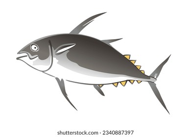 Tuna, a saltwater fish, in the style of Japanese watercolor painting with wide brush strokes. After an illustration in the Japanese book Choju ryakugashiki, published 1868 in the Meiji period. Vector.