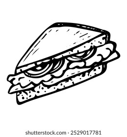 Sándwich de atún con verduras dibujado a mano doodle. Pan tostado, pescado, lechuga, tomates, cebollas, salsa. Comida rápida para llevar. Merienda de almuerzo. Hora de comer. Vector boceto línea ilustración de arte.