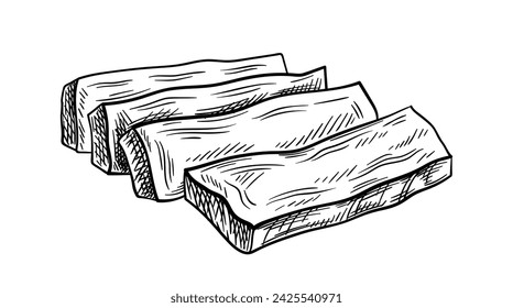Tuna seafood linear. Hand drawn sketch of fish meat. Healthy eating with fats and proteins. Graphic element for website. Outline flat vector illustration isolated on white background