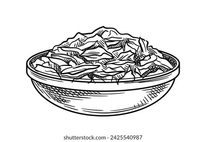 Tuna seafood linear. Hand drawn sketch of fish meat at plate. Healthy eating with fats and proteins. Proper diet and nutrition. Outline flat vector illustration isolated on white background