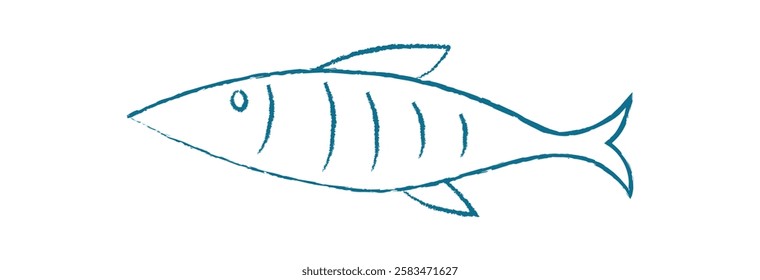 Tuna silhouette swim in the ocean. Aquatic fish in a doodle style. Underwater life, flat pattern, potential for logo or icon design. Chalk and crayon style