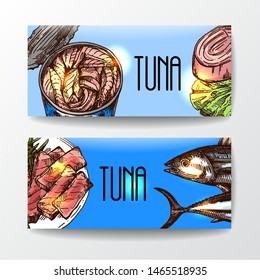 Tuna sketch vector illustration. Hand drawn banners with fish. Food illusttration for menu of cafe, restaurant and etc.