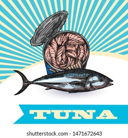 Tuna sketch vector illustration. Hand drawn set of pictures with fish. Food illustration for menu of cafe, restaurant and  packaging of canned