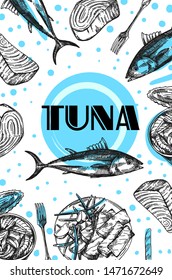 Tuna sketch vector illustration. Hand drawn set of pictures with fish. Food illustration for menu of cafe, restaurant and etc.