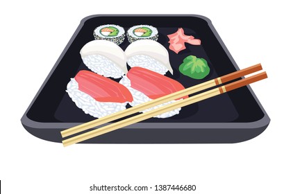 tuna squid and salmon Sushi restaurant plate with chopsticks soy sauce wasabi and ginger