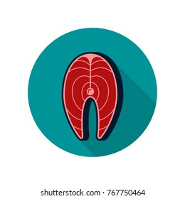 Tuna steak icon in flat style with long shadow, red fish fillet. Piece or section of raw red fish. Vector color illustration isolated on blue round background.
