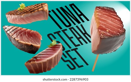 Tuna steak, realistic 3d, rare grilled steak, ultra realistic, icon, falling flying, detailed, food foto