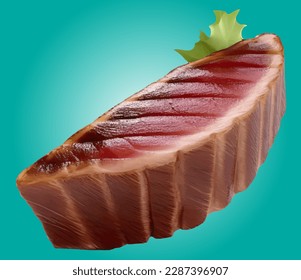 Tuna steak, realistic 3d, rare grilled steak, ultra realistic, icon, falling flying, detailed, food foto