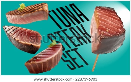 Tuna steak, realistic 3d, rare grilled steak, ultra realistic, icon, falling flying, detailed, food foto