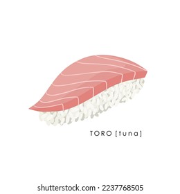 Tuna sushi nigiri on white background. Toro nigiri. Traditional Japanese food. Vector clipart. 