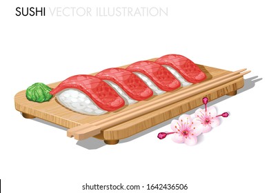 Tuna sushi on wood with chop sticks, wasabi, ginger. Maguro nigiri. Realistic vector illustration.