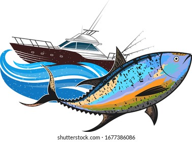 Tuna swimming in the blue waves and boat with fishing rods