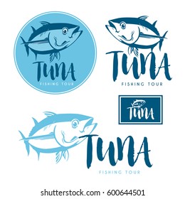 Tuna tags and emblems. Vector icons for fishing and tour club. 