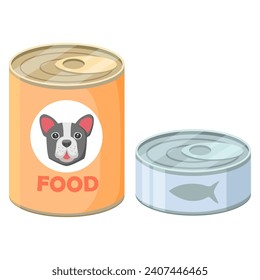 Tuna tin can.Dog food package. Animal feed.Pet shop. Canned wet food.Cartoon drawing of pet food.Preserve canned fish.Pet products.Vector flat illustration.