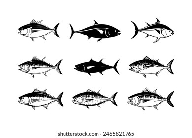 Tuna tunny fish sketch engraving vector illustration. T-shirt apparel print design. Scratch board imitation. Black and white hand drawn image.