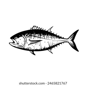 Tuna tunny fish sketch engraving vector illustration. T-shirt apparel print design. Scratch board imitation. Black and white hand drawn image.