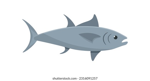 Tuna vector illustration. Cartoon isolated one sea and ocean fish with tail and fins, marine animal for industrial fishing, fresh tuna catch for seafood market, healthy gourmet restaurant menu