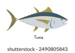 Tuna vector illustration. Tuna fish cartoon clipart, animal in flat style. Sea animals, underwater creatures, ocean animals, marine life concept. Tuna vector design isolated on white background