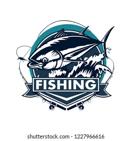 Tuna Yellow Fin, Big Eye Tuna Simple Emlem Isolated On White. Sport Fishing Club Logo. Fishing Theme Vector Illustration.