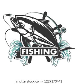 Tuna Yellow Fin, Big Eye Tuna Simple Emlem Isolated On White. Sport Fishing Club Logo. Fishing Theme Vector Illustration.