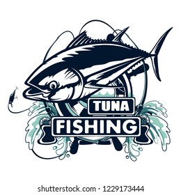 Tuna Yellow Fin, Big Eye Tuna Simple Emlem Isolated On White. Sport Fishing Club Logo. Fishing Theme Vector Illustration.