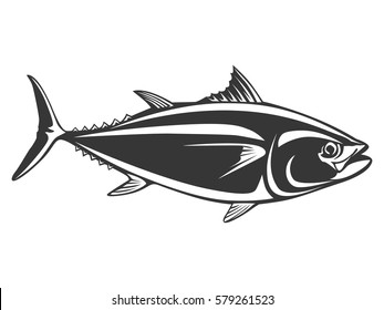 Tuna Yellow Fin Big Eye Simple Emlem Isolated On White. Sport Fishing Club Logo. Fishing Theme Vector Illustration.