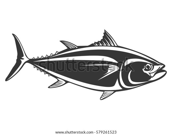 白い背景にツナの黄色いヒレの大きな目のシンプルなレム スポーツ釣りクラブのロゴ 釣りのテーマのベクターイラスト のベクター画像素材 ロイヤリティフリー