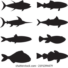 Tunas word fish trout cod fish isolated Vector Silhouettes