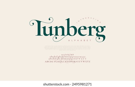 Tunberg swash luxury elegant alphabet letters and numbers. Vintage wedding typography classic serif font decorative vintage retro. creative vector illustration