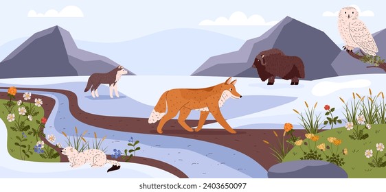 Tundra arctic animals in natural environment, flat vector illustration. Arctic region of Europe, Northern America or tundra background design with native animals.