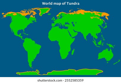 Mapa biológico de Tundra, ubicación de los polos. Tundra alpina, ártica, antártica. Regiones, capas de hielo del Ártico y que se extienden a través de América del Norte. Zonas amarillas. Frío, sin árboles, tunturia, clima y tierra. Vector 