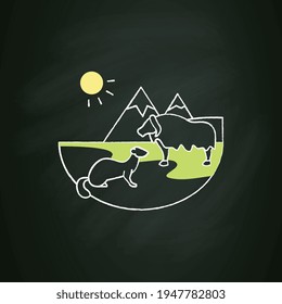 Tundra chalk icon. Cold and treeless plain. Hard for plants and animals alike to survive. Mountain landscape. Wild animals. Isolated vector illustration on chalkboard