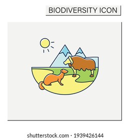 Tundra color icon. Cold and treeless plain. Hard for plants and animals alike to survive. Mountain landscape. Wild animals. Biodiversity concept. Isolated vector illustration