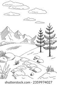 Tundra graphic black white landscape vertical sketch illustration vector 