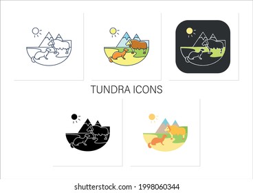 Tundra icons set.Cold and treeless plain.Hard for plants and animals alike to survive.Mountain landscape. Wild animals.Collection of icons in linear, filled, color styles.Isolated vector illustrations