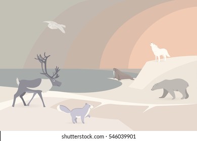 Tundra Landscape With Ocean Coast And Animals.