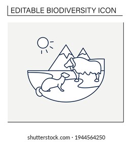 Tundra line icon. Cold and treeless plain. Hard for plants and animals alike to survive. Mountain landscape. Wild animals. Biodiversity concept. Isolated vector illustration.Editable stroke