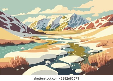 Tundra with snowy fields. Beautiful landscape with river and mountains. Vector illustration in retro style