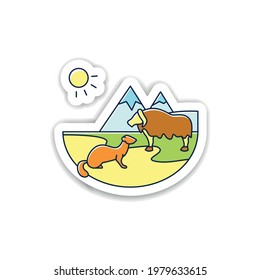 Tundra sticker icon. Cold and treeless plain. Hard for plants and animals alike to survive. Mountain landscape badge for designs. Wild animals vector emblem