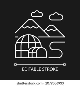 Tundra white linear icon for dark theme. Cold arctic region. Plain treeless landform. Polar desert. Thin line customizable illustration. Isolated vector contour symbol for night mode. Editable stroke