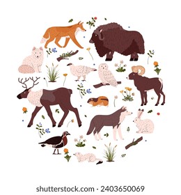 Tundra wild animal and plant nature collection. Northern taiga flora and fauna vector illustration. Wolf, Ermine, Hare, Reindeer, Polar owl. Arctic hairy animals and birds, polar herbs