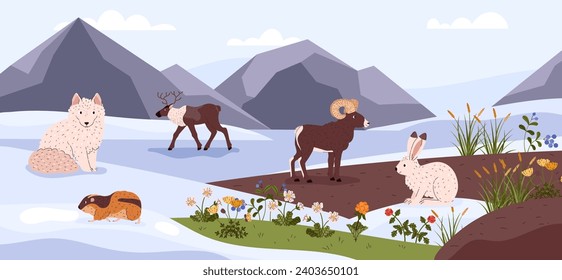 Tundra wild animals and plants on nature landscape with mountains vector illustration. Northern taiga flora and fauna. Arctic fox, Ermine, Hare, Reindeer and lemming. Arctic hairy animals, polar herbs